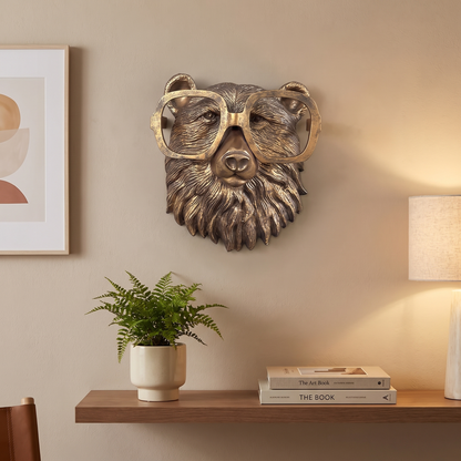 Bronzed Resin Animal Head Wall Sculpture mounted on wall