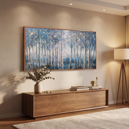Grey Blue and Gold Foil Forest Framed Canvas Art mounted on wall