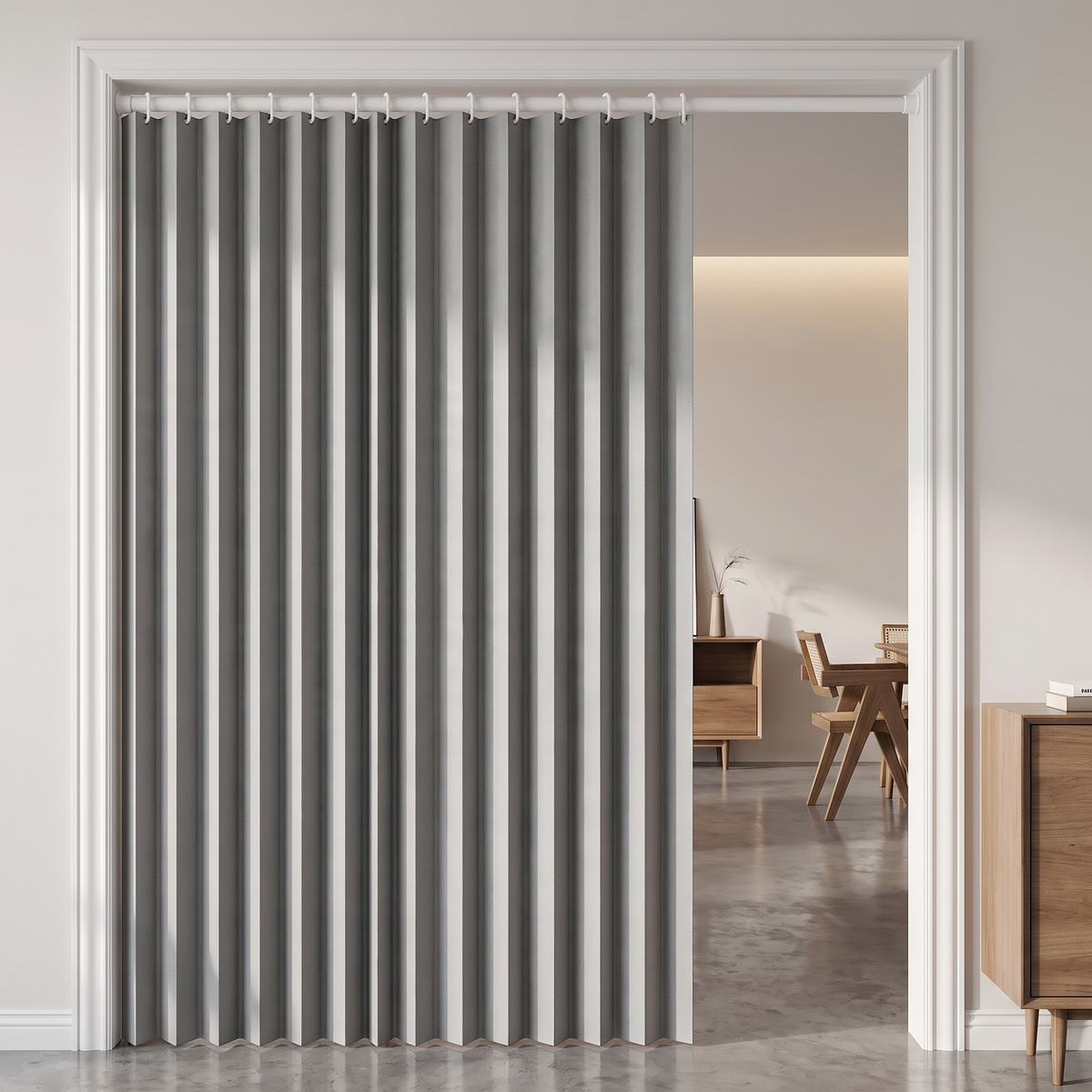 Striped Blackout Magnetic Folding Door Curtain installed over doorway