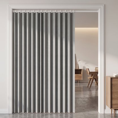 Striped Blackout Magnetic Folding Door Curtain installed over doorway