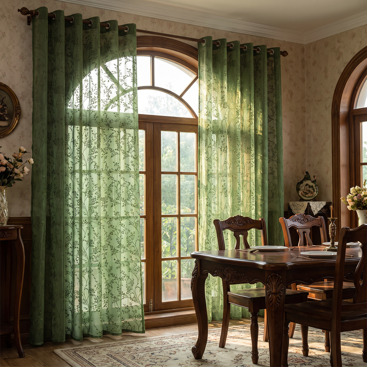 Embroidered Vintage Window Curtains in dining room