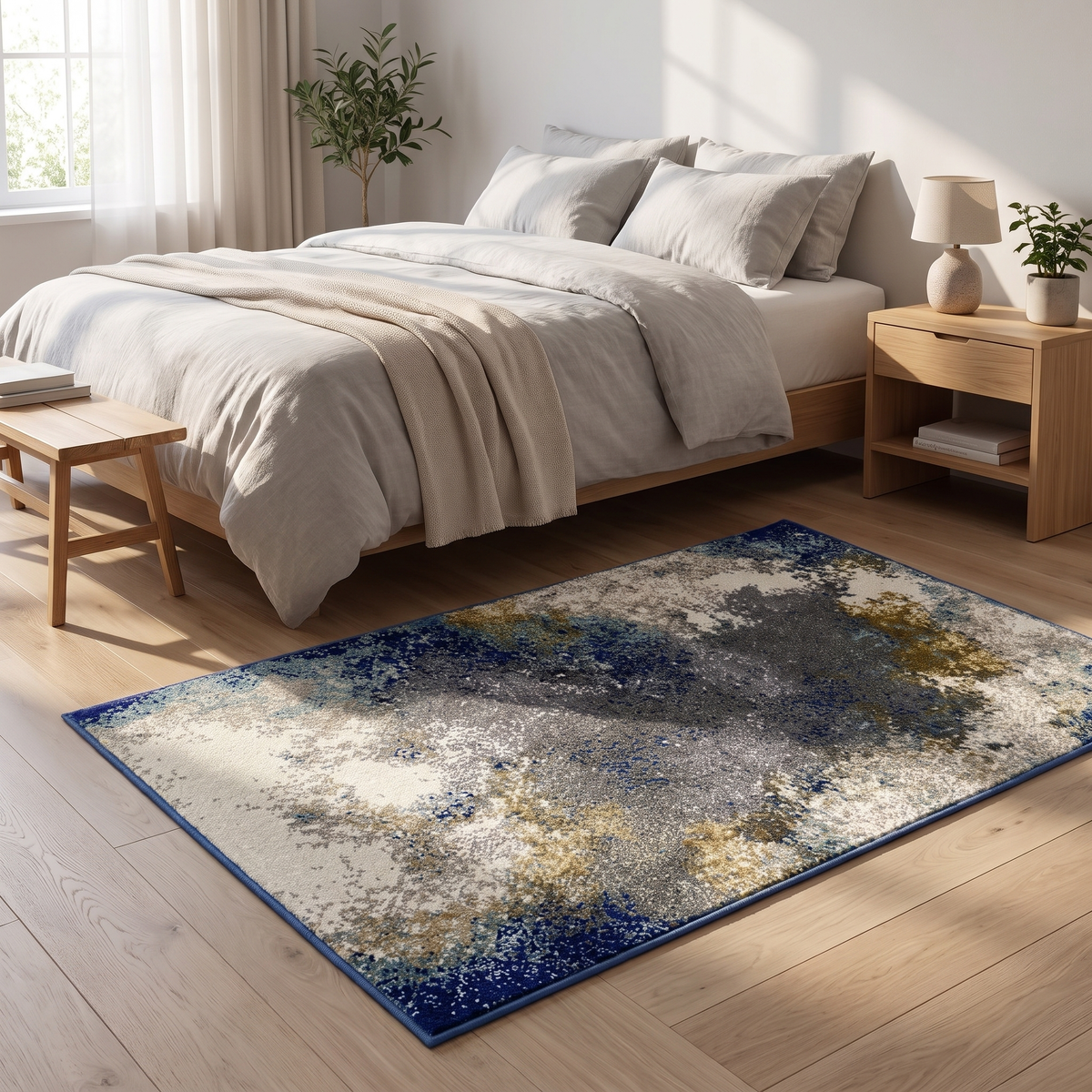 Modern Abstract Area Rug, Blue and Grey in bedroom