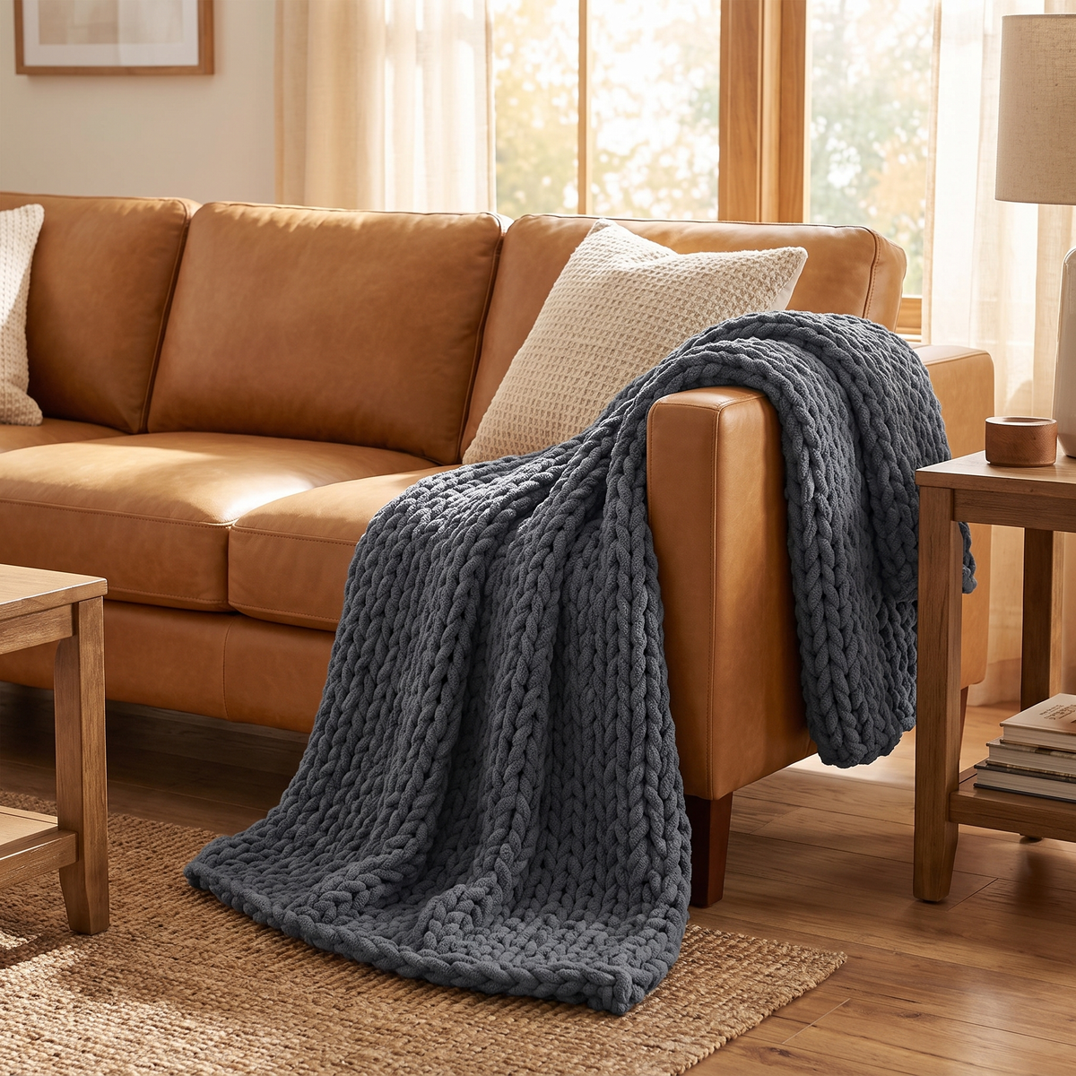 Chunky Knit Throw Blanket on sofa