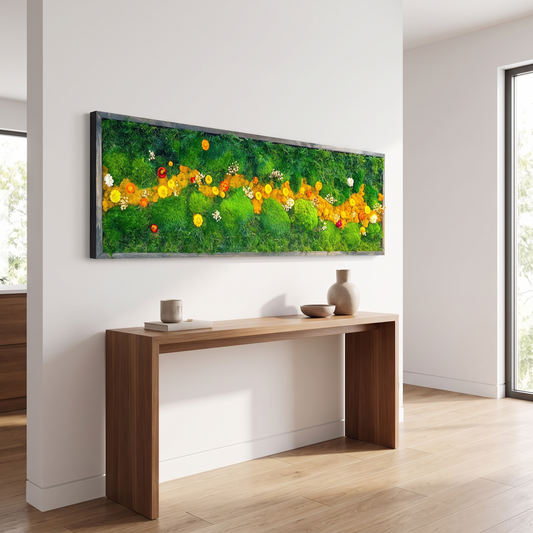 Framed Preserved Moss Wall Art with Wildflowers in entryway