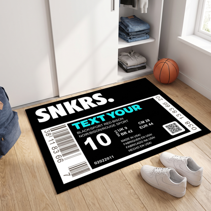 Black Sneaker Shaped Accent Rug in bedroom