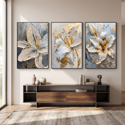 Gold and White Lily 3-Piece Frameless Canvas Set