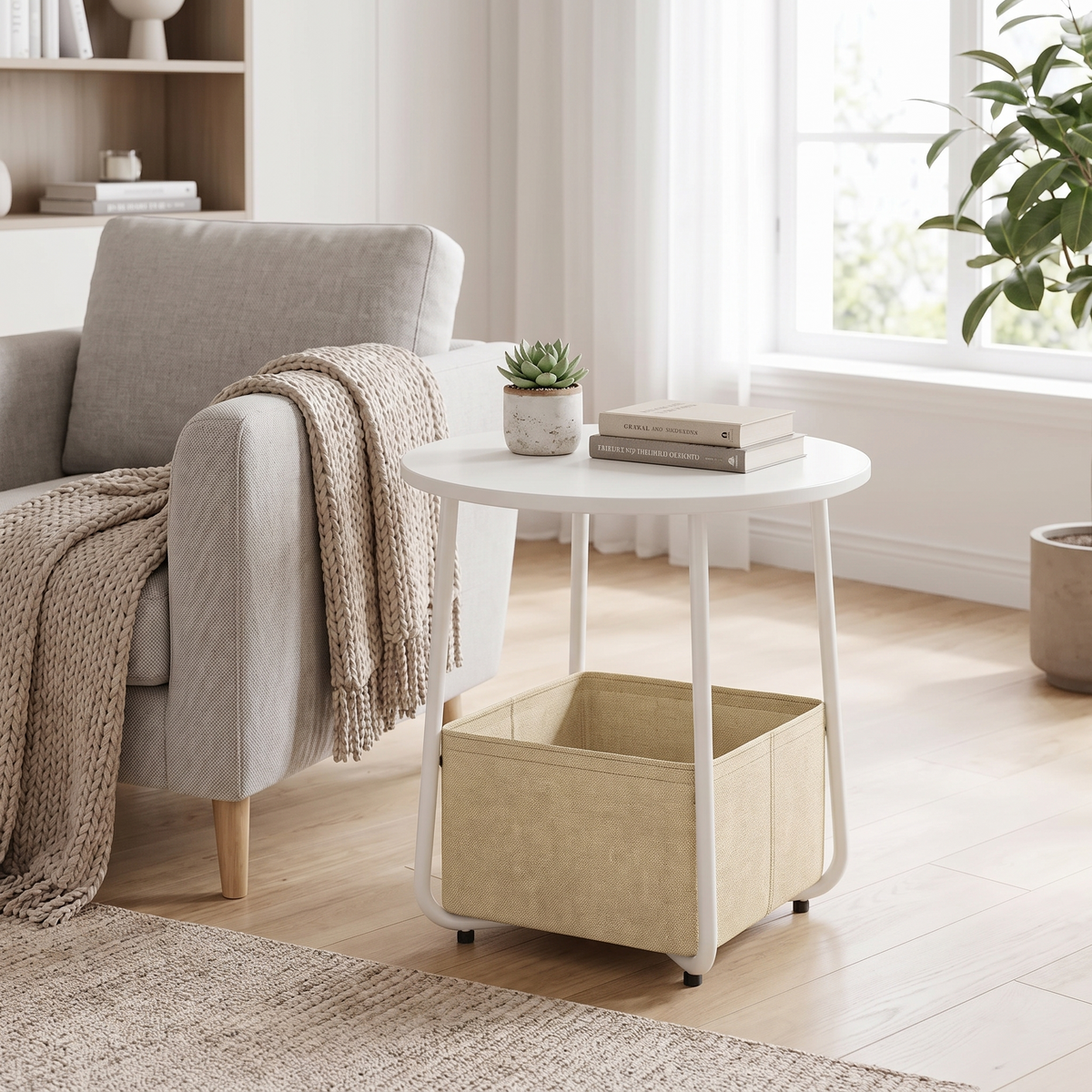 Modern Round Side Table with Fabric Basket, White