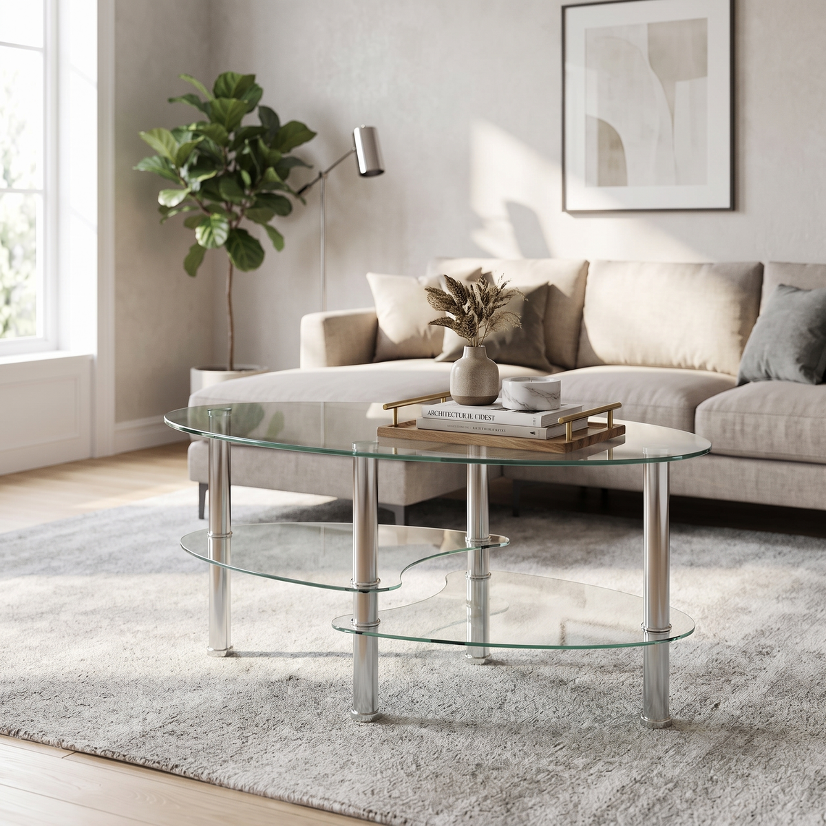 Oval Tempered Glass Coffee Table with 3-Layer Storage