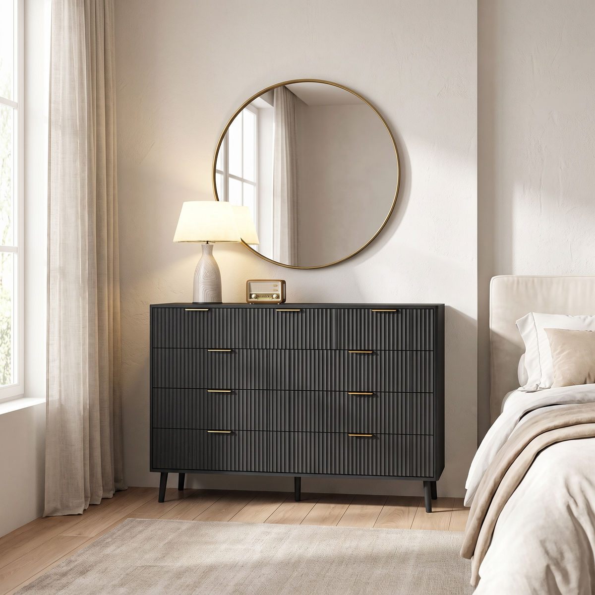 Black Fluted 9-Drawer Dresser with Gold Accents
