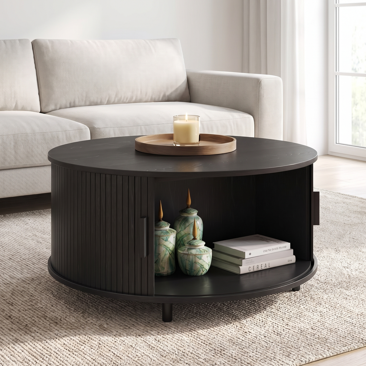 Round Fluted Coffee Table with Hidden Storage, 31.5 in