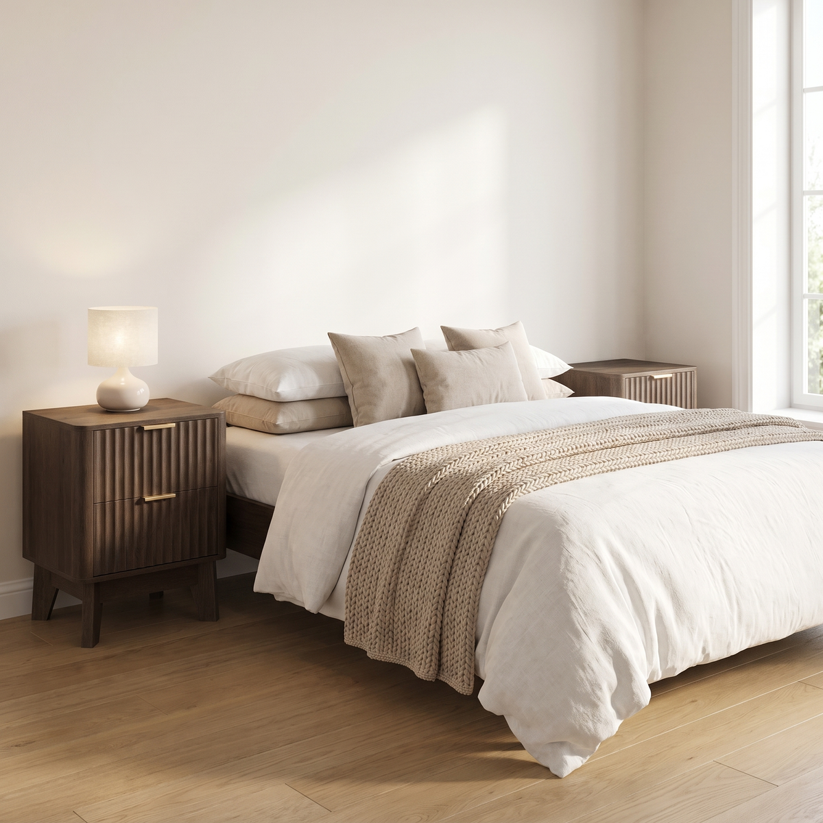 Fluted Nightstand Set of 2, Walnut