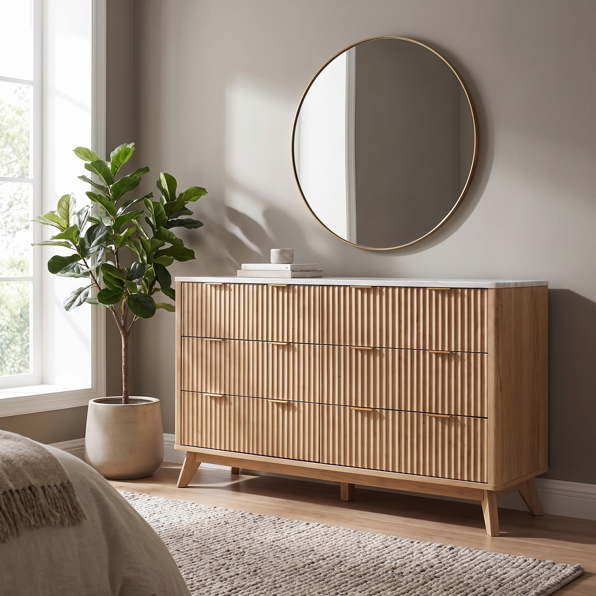 Fluted 6-Drawer Dresser, 54 in, Oak with Faux Marble Top