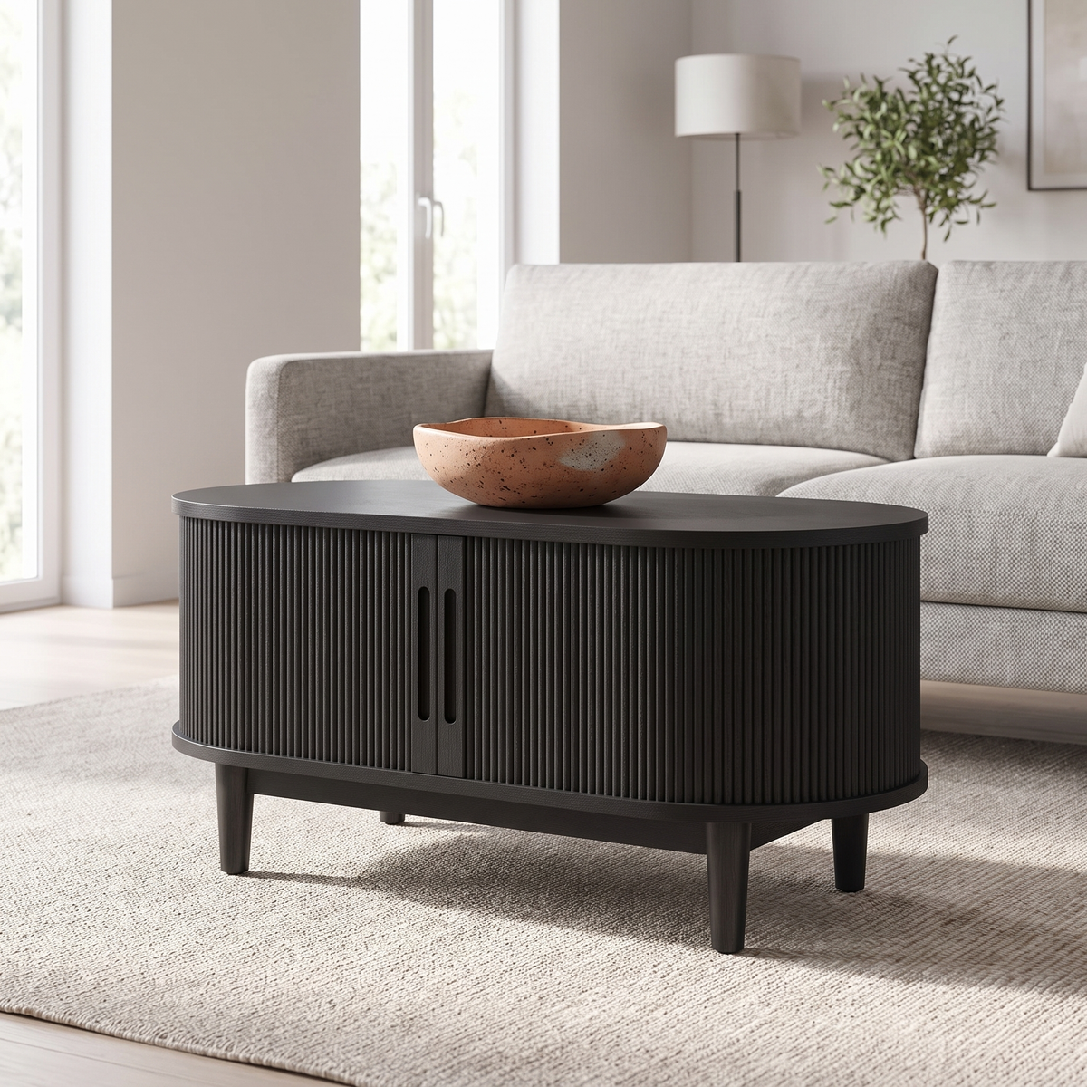 Oval Fluted Tambour Door Coffee Table, Black