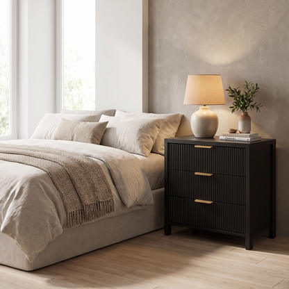Mid-Century Fluted 3-Drawer Nightstand, Black