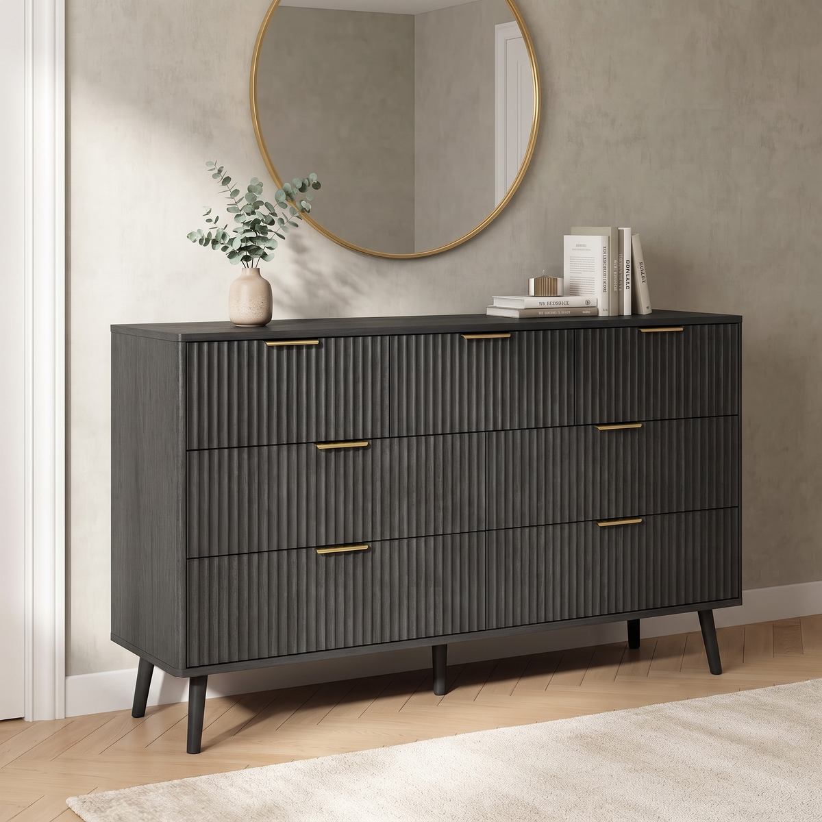 Modern 7-Drawer Dresser, Black with Gold Handles