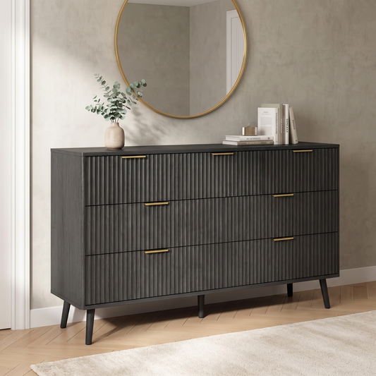 Modern 7-Drawer Dresser, Black with Gold Handles