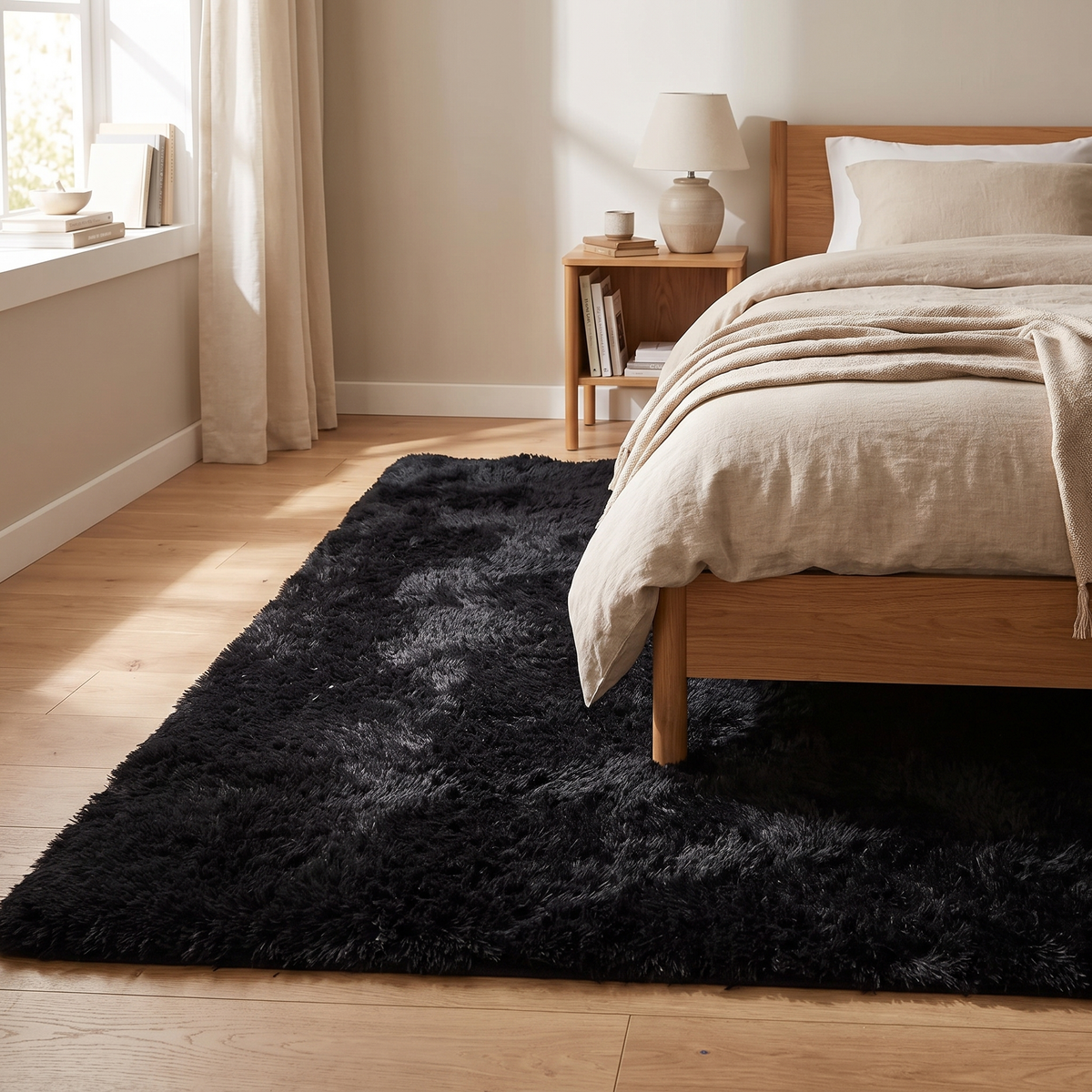 Black Fluffy Shag Area Rug, 2 x 4 ft
