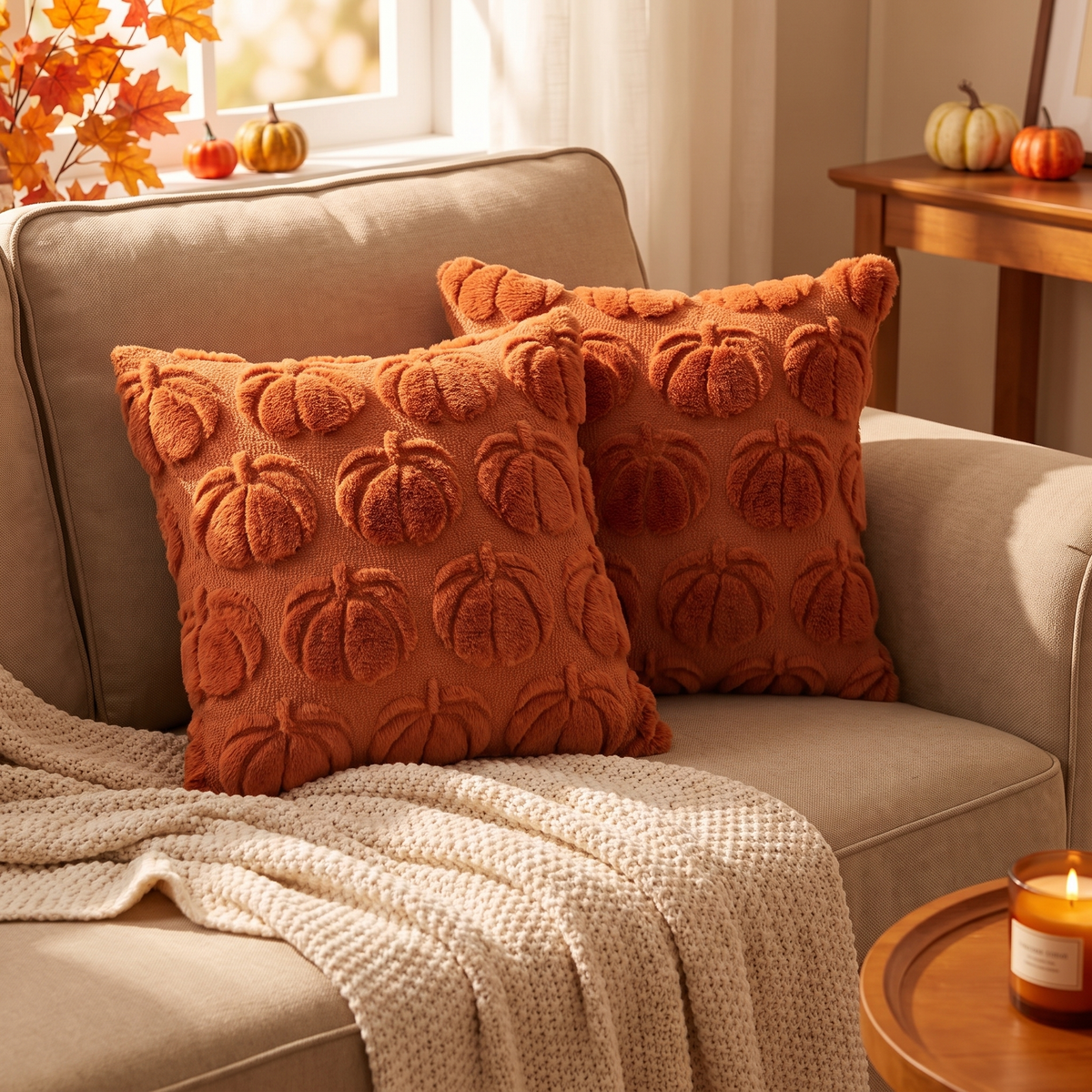 Plush Pumpkin Throw Pillow Cover, 18 x 18 in
