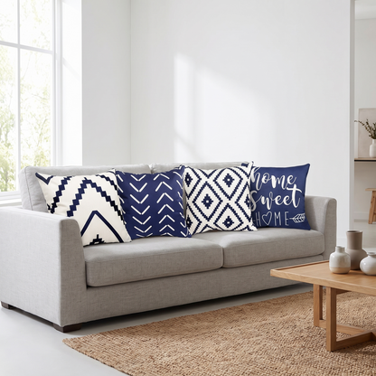 Blue Geometric Linen Throw Pillow Covers, Set of 4