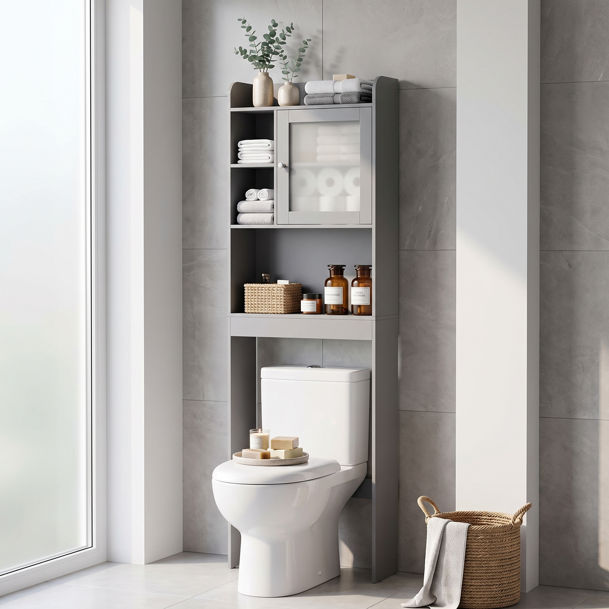 Over-the-Toilet Storage Shelf Cabinet, Grey