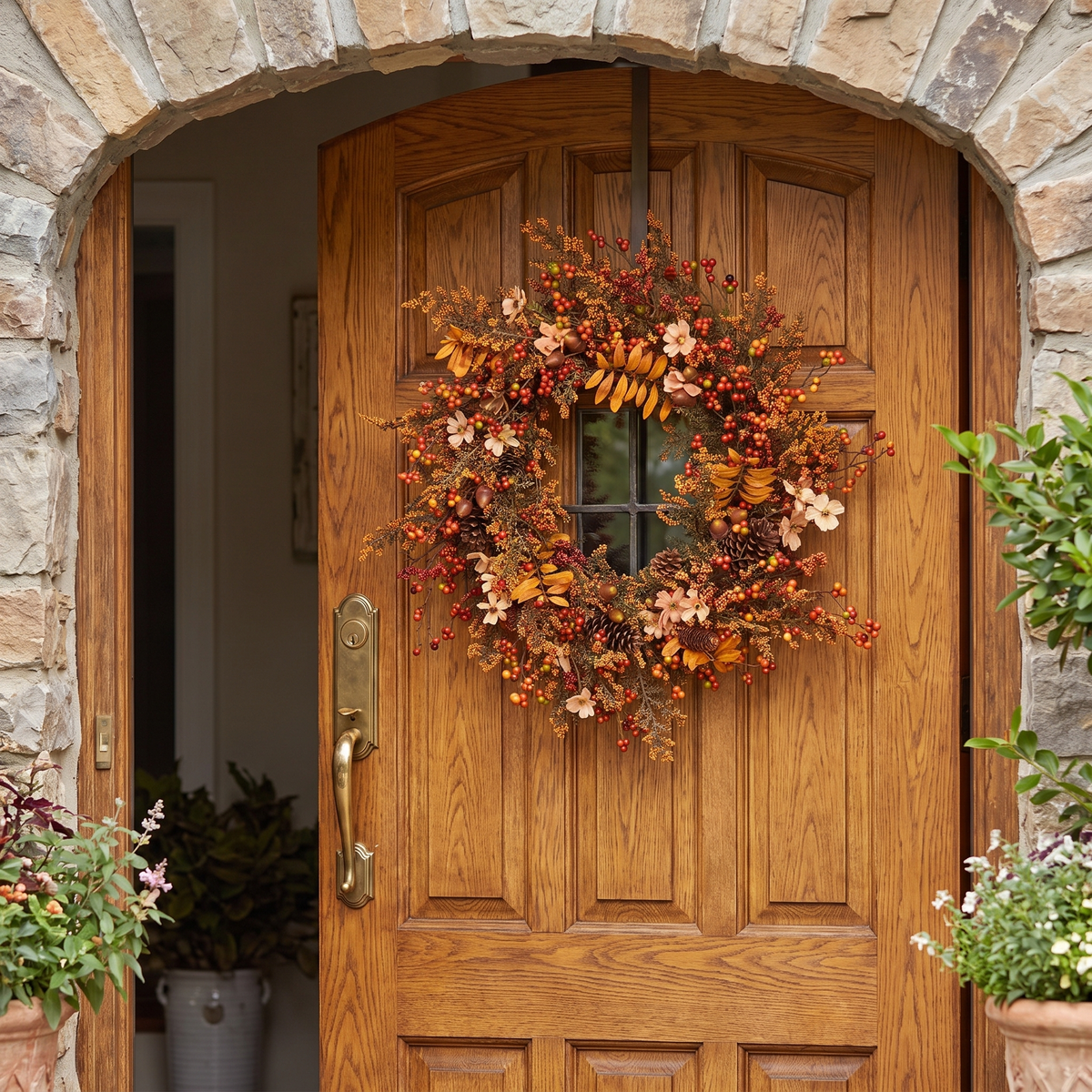 Faux Eucalyptus and Lotus Wreath with Pine Cones, 32 in