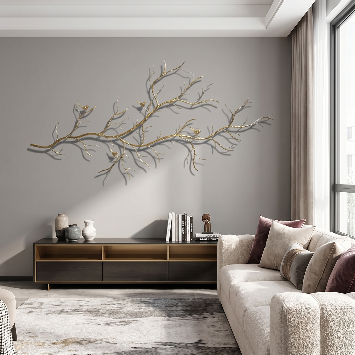 Gold Iron Branch and Birds Metal Wall Art, 57 in