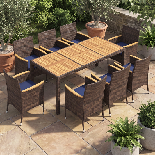9-Piece Acacia Wood Outdoor Dining Set, Navy on a patio
