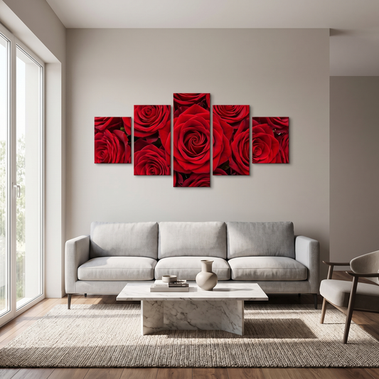 Vivid Rose 5-Piece Framed Canvas Wall Art Set in a living room