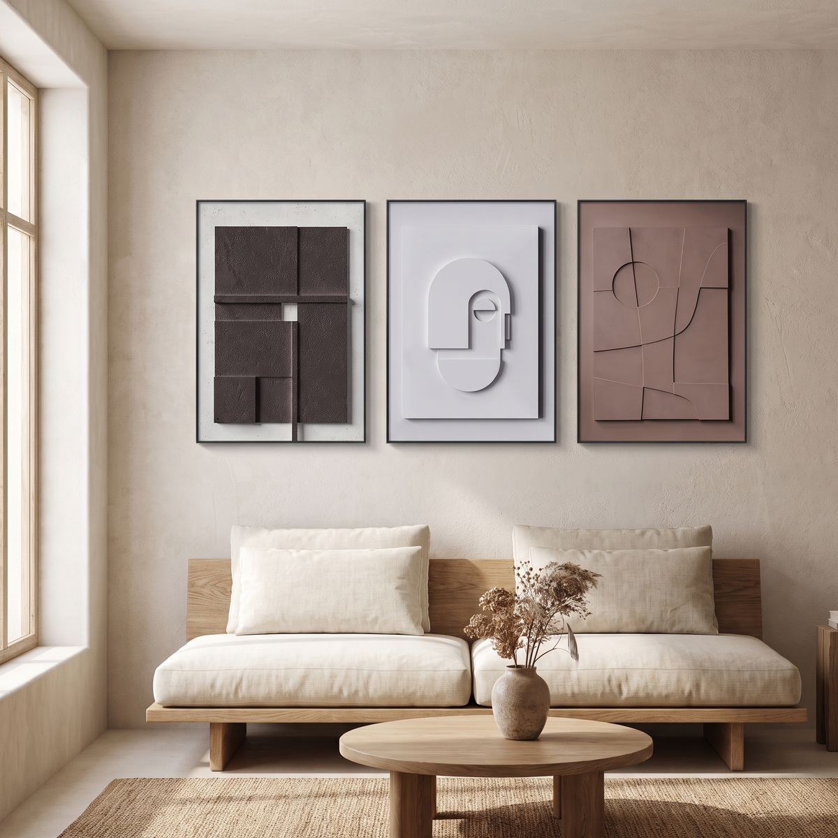 Japandi Geometric Framed Canvas Wall Art Set in a Japandi living room