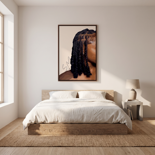 Invisible Locs Black Line Art Canvas Print in a bedroom
