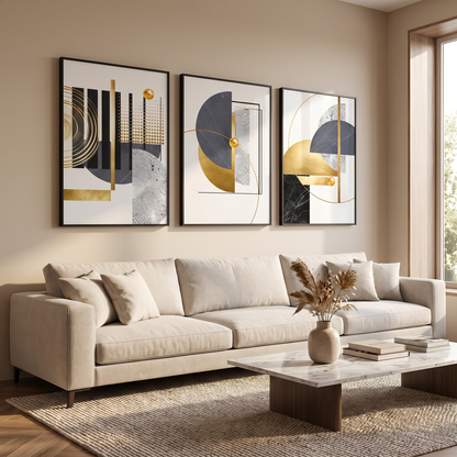 Golden Abstract Geometric 3-Piece Canvas Set in a living room