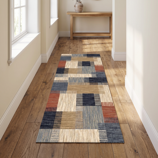 Bohemian Plaid Washable Runner Rug in an entryway