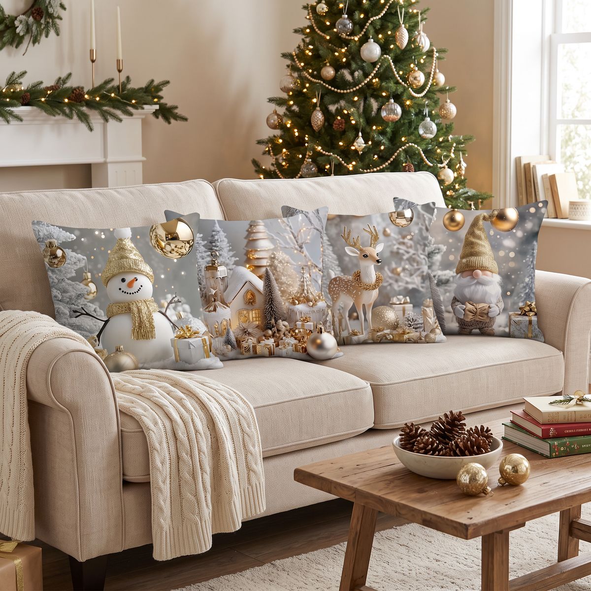 Christmas Snowman and Elf Throw Pillow Covers on a sofa