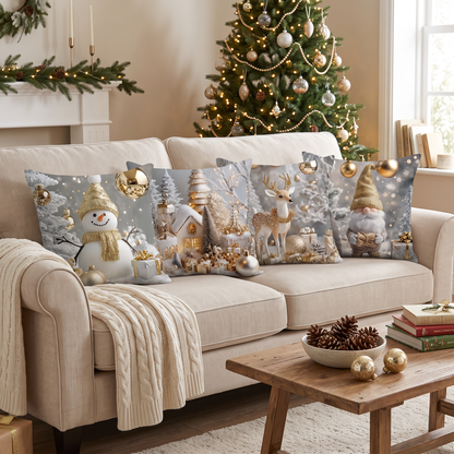 Christmas Snowman and Elf Throw Pillow Covers on a sofa