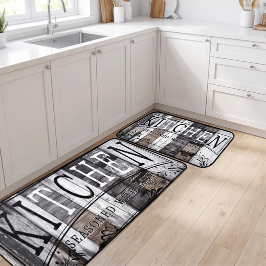 Vintage Wood Print Kitchen Mat Set on a kitchen floor