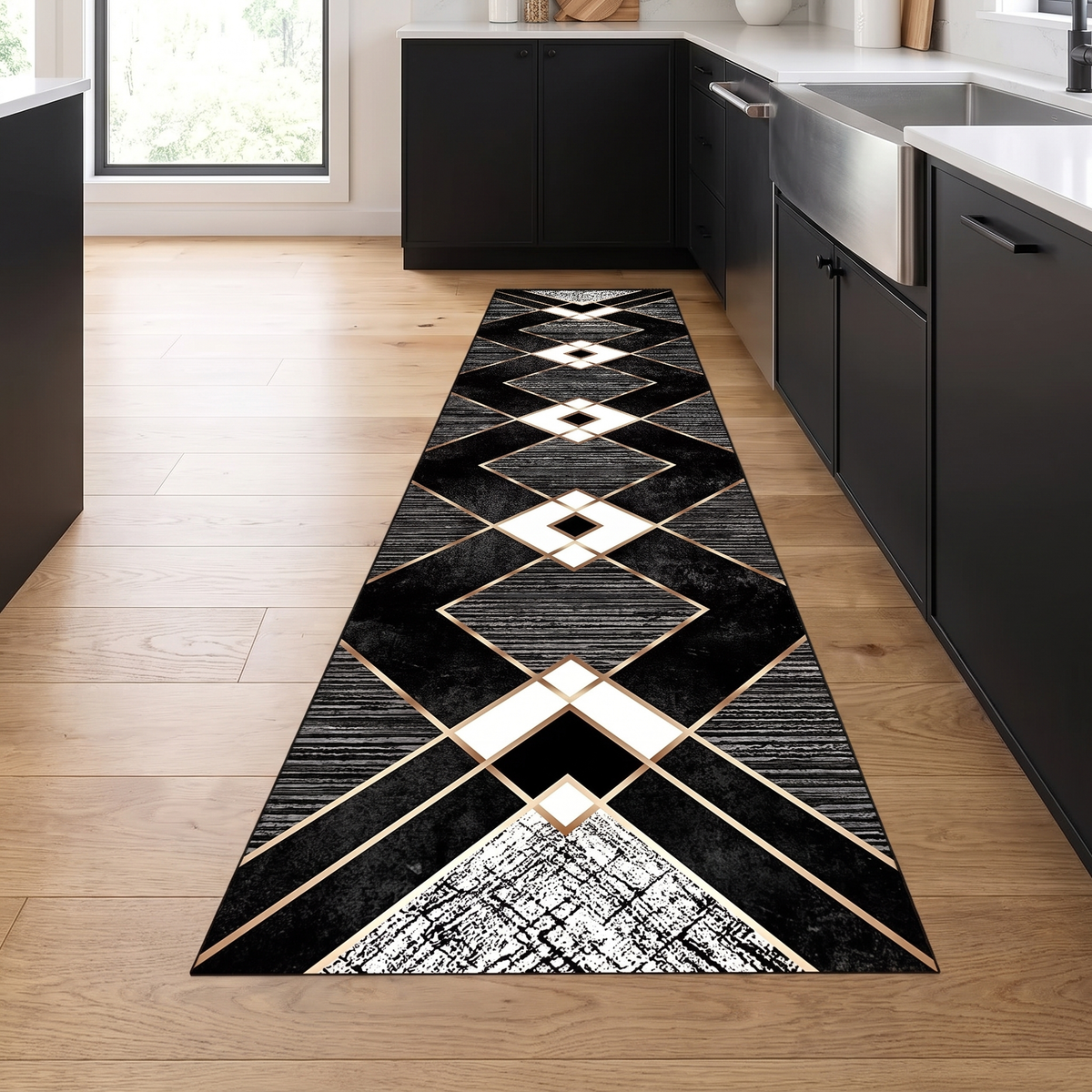 Geometric Non-Slip Kitchen Runner Rug in a kitchen
