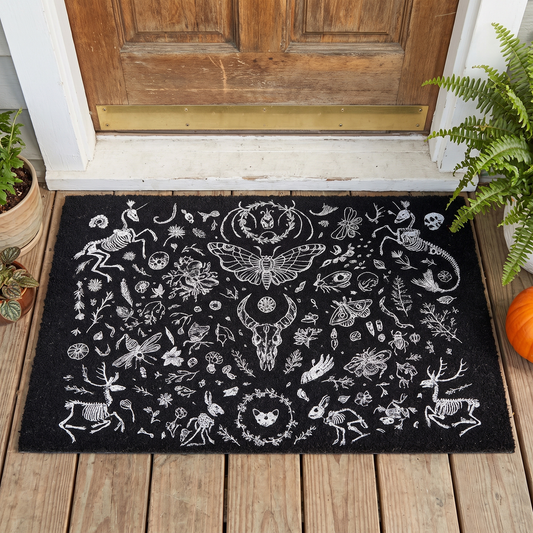 Skeleton Halloween Door Mat at a porch entrance