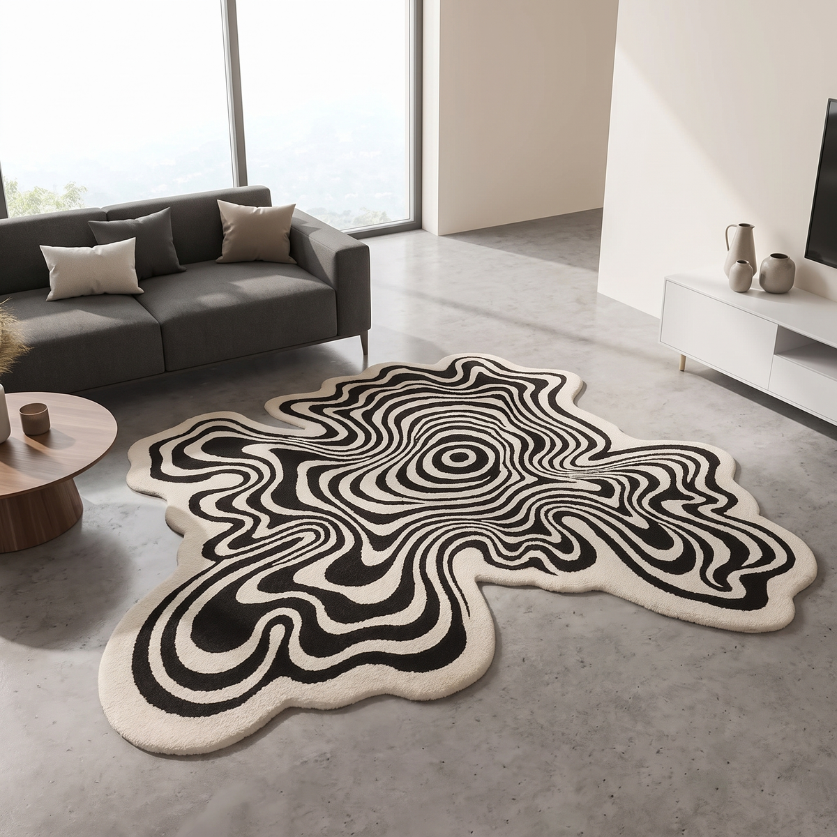 Asymmetrical Striped Plush Area Rug on a floor
