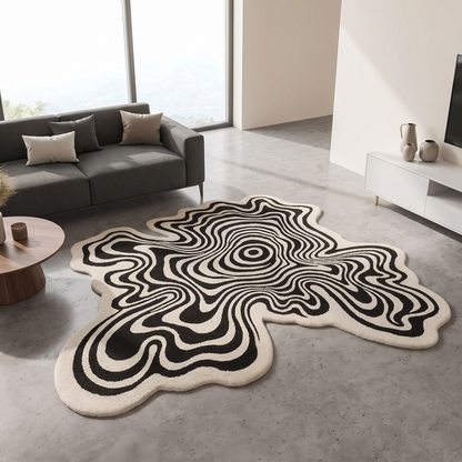 Asymmetrical Striped Plush Area Rug on a floor