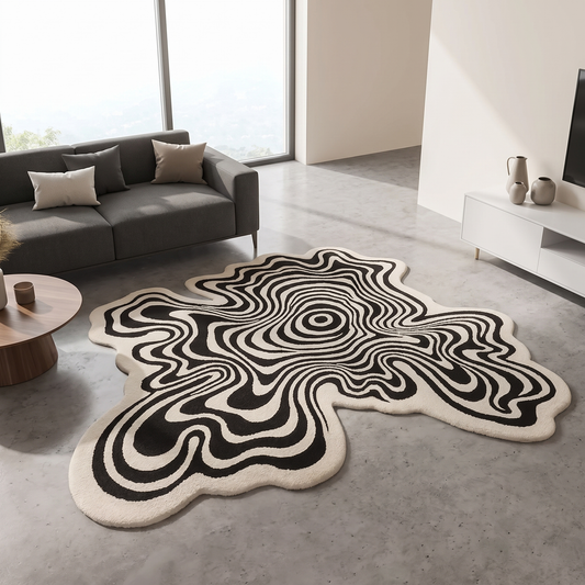 Asymmetrical Striped Plush Area Rug on a floor