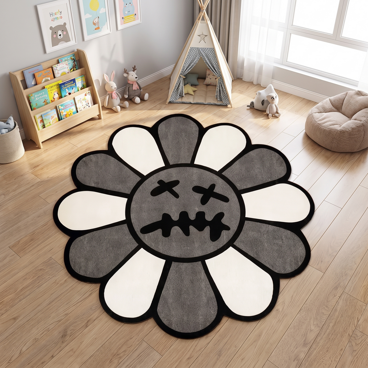 Round Floral Smiling Face Velvet Rug on a floor