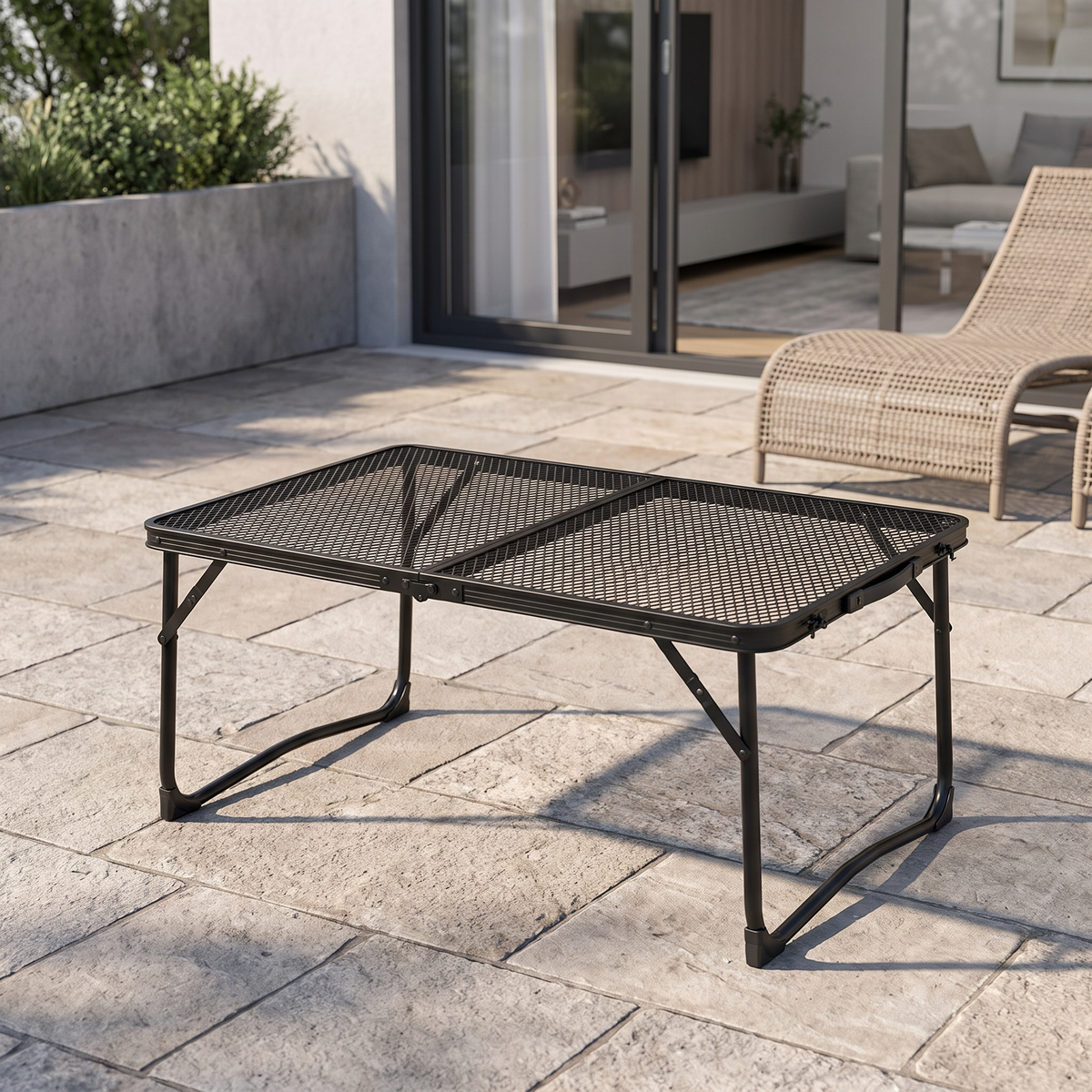Folding Mesh Table set up in a living room