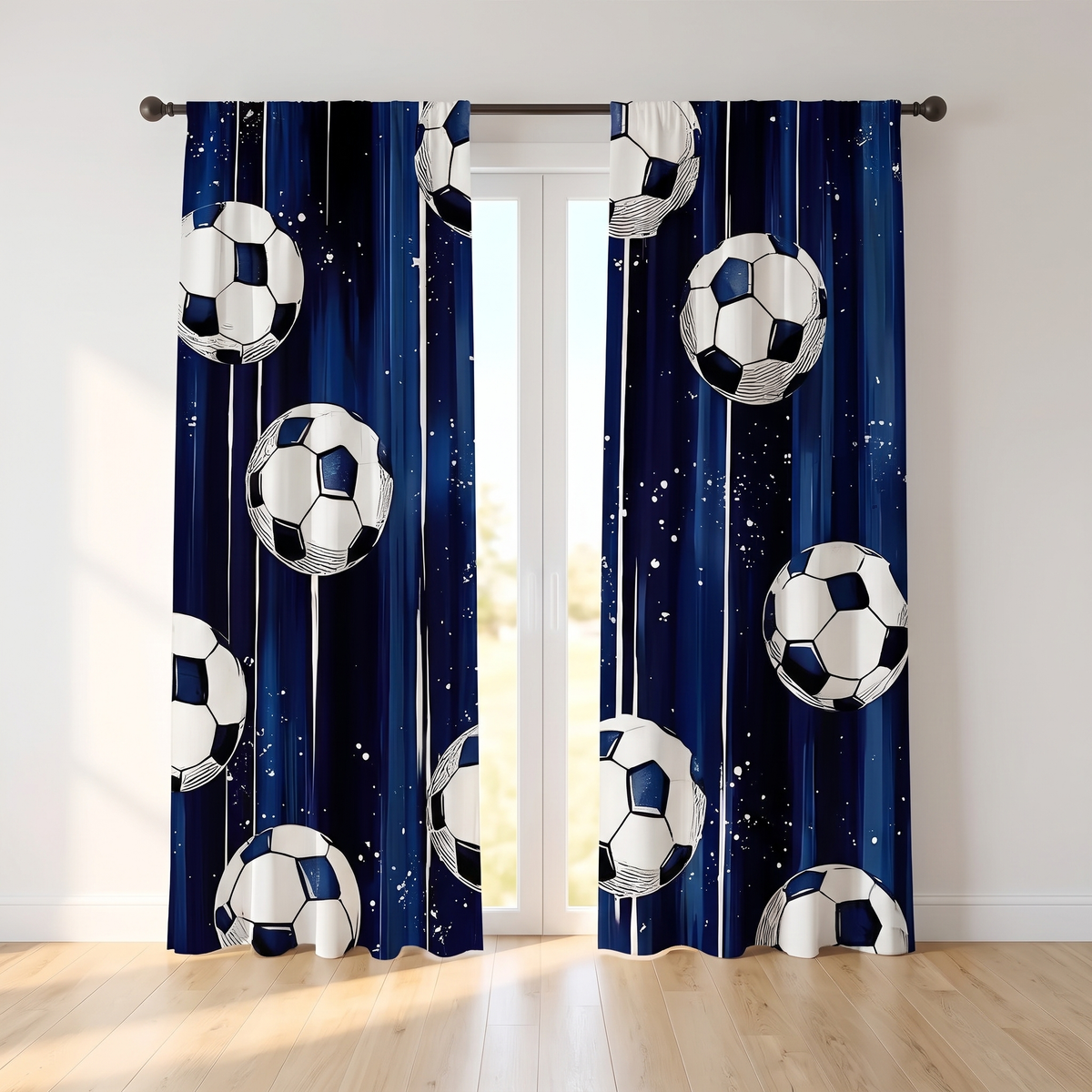Blue Soccer and Stars Blackout Curtains on a window
