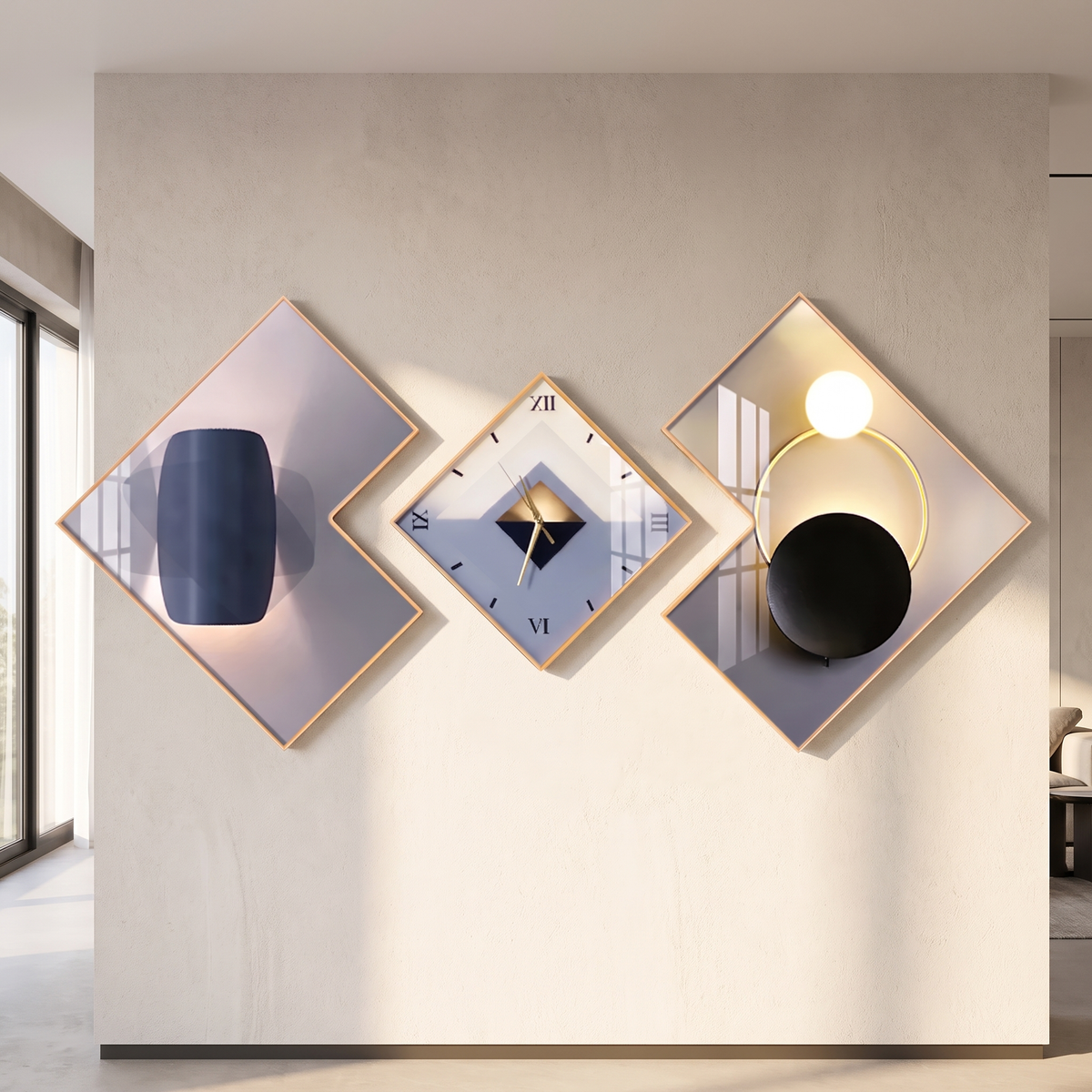 Geometric Gold Frame Silent Wall Clock Set on a wall