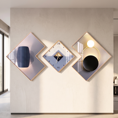 Geometric Gold Frame Silent Wall Clock Set on a wall