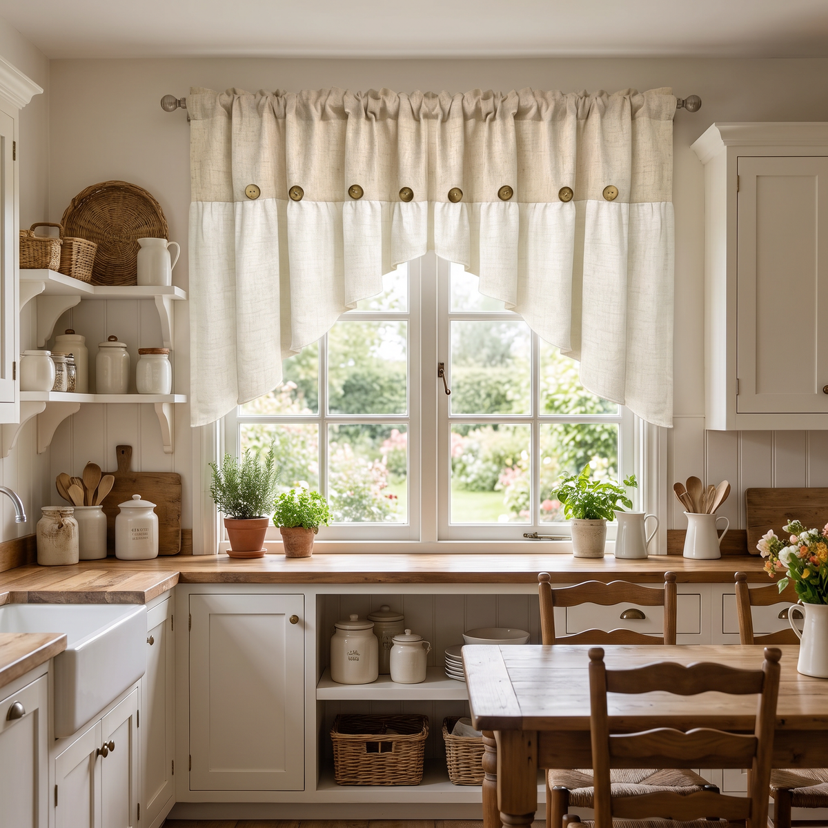 Farmhouse Boho Linen Button Arched Valance on a window