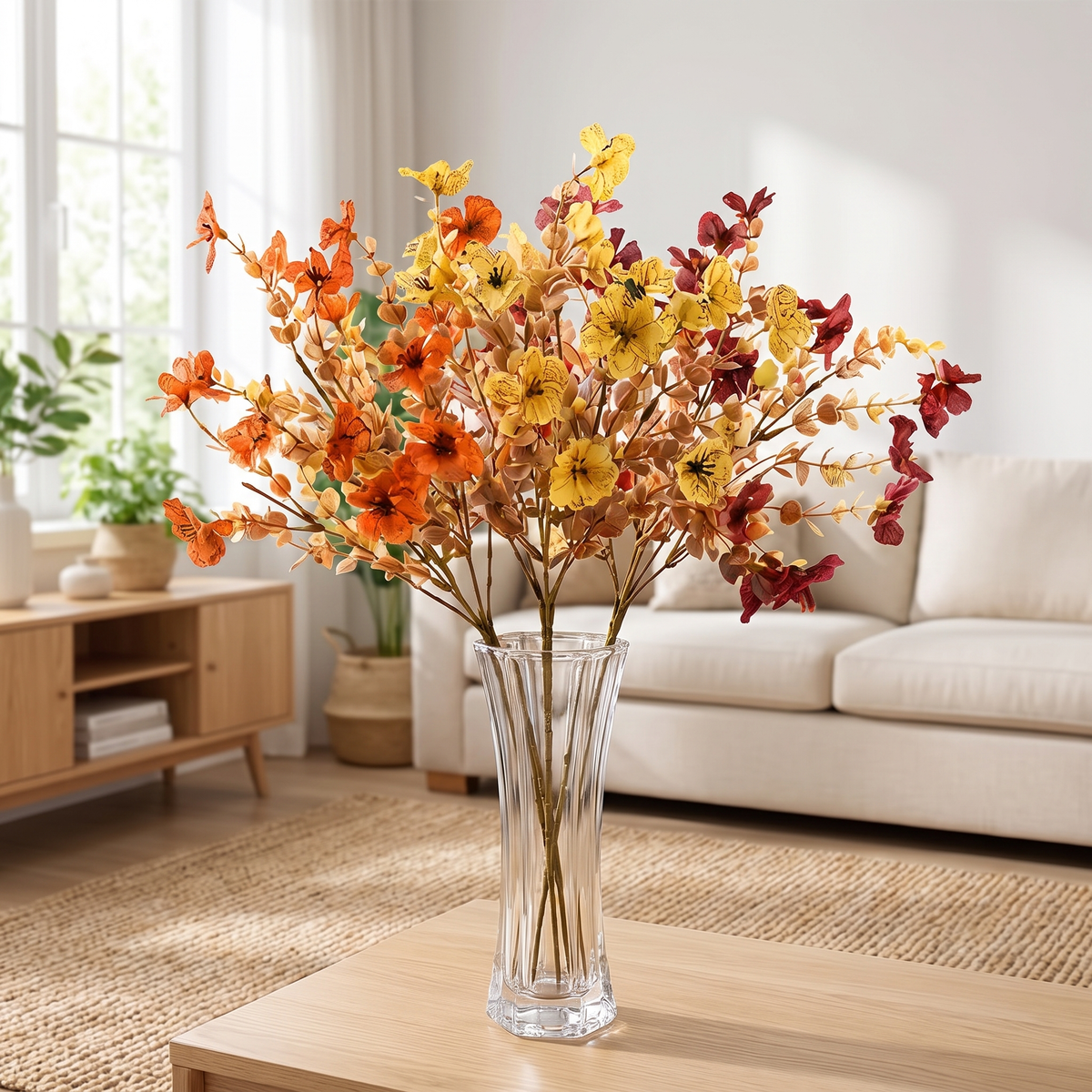 Faux Silk Mums and Eucalyptus Stems in a vase
