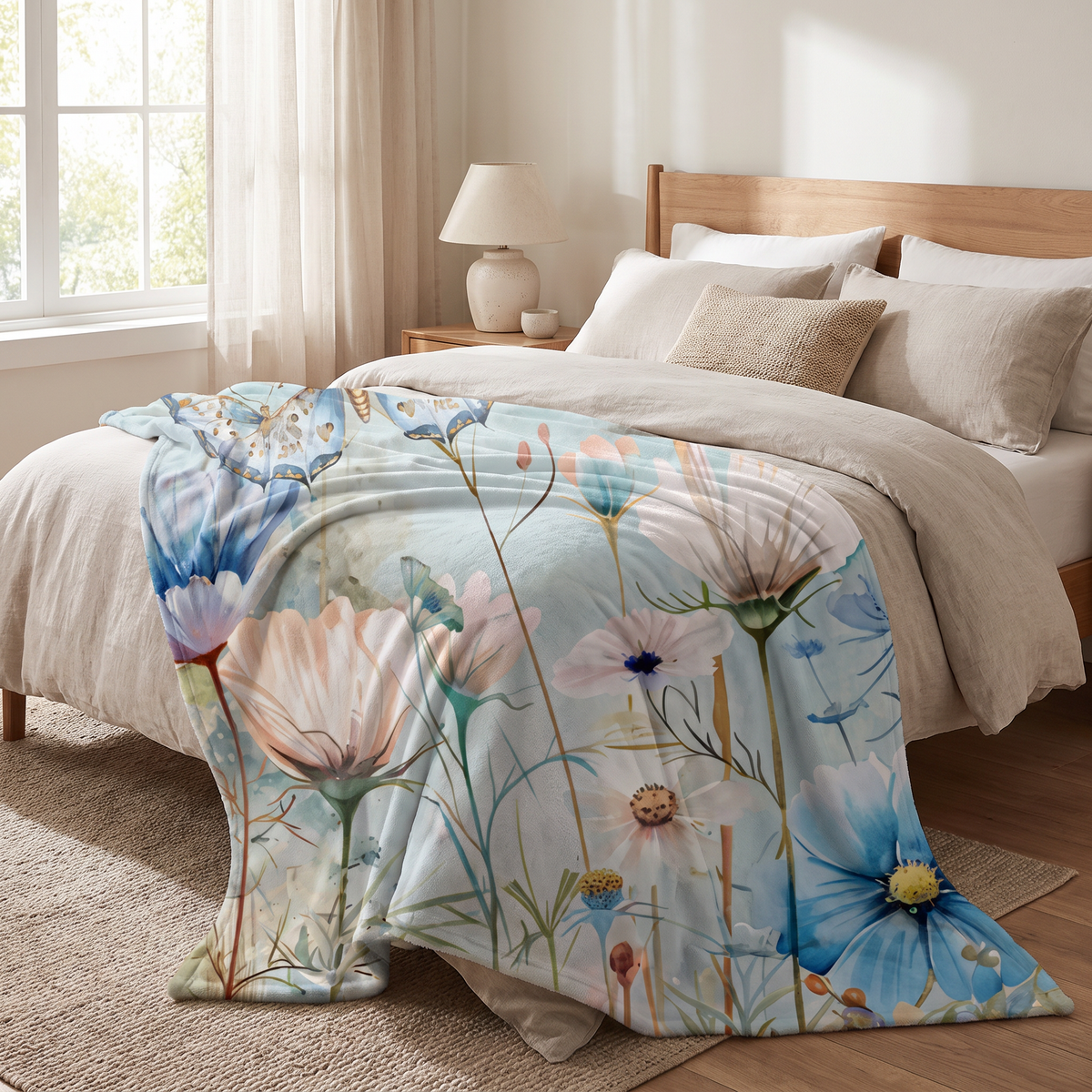 Blue Floral and Butterfly Sherpa Fleece Blanket on a bed