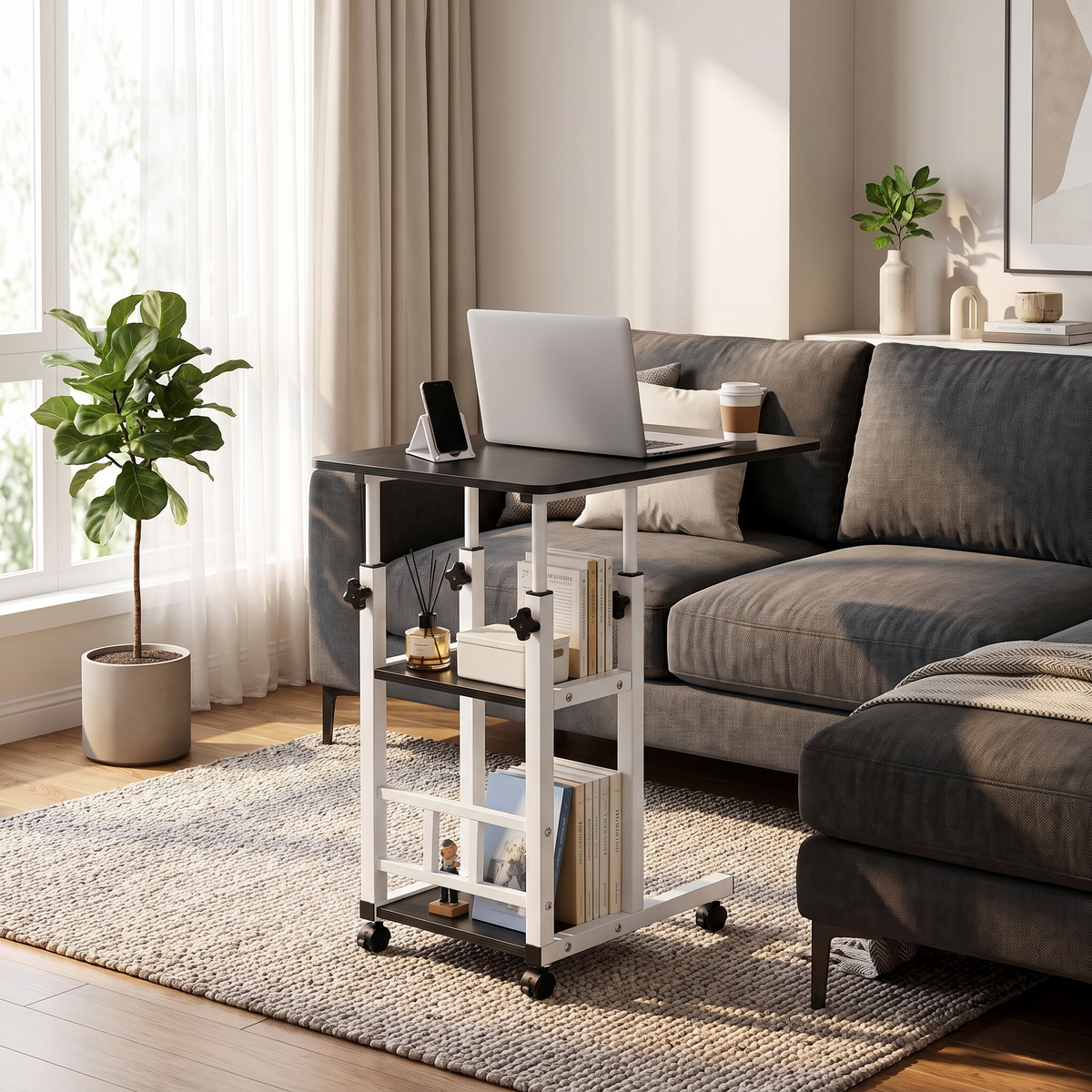 C-Shaped End Table with Wheels beside a sofa