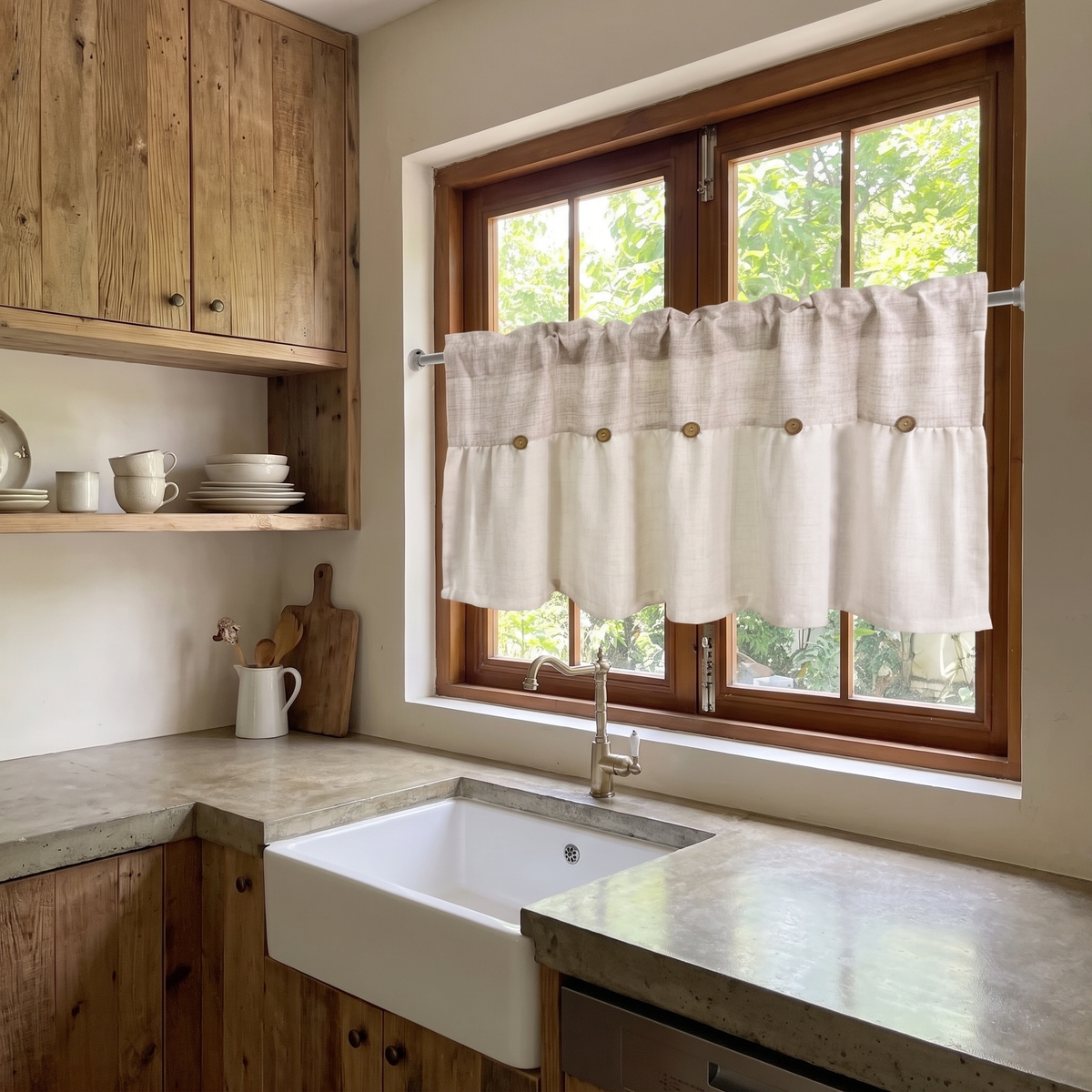 Rustic Vintage Linen Button Valance on a window